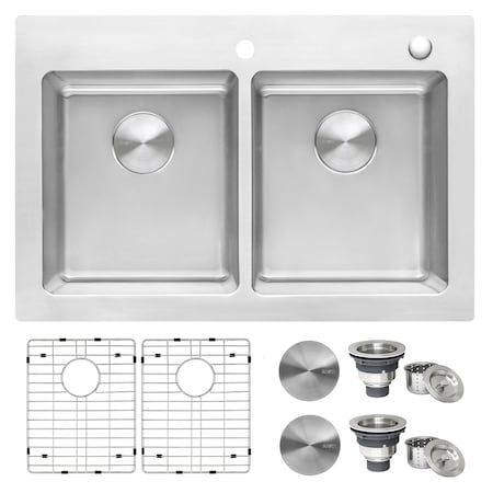 Ruvati 33"x22" Drop-in Topmount Kitchen Sink 16 Gauge SS 50/50 Double Bowl RVM5150